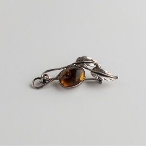 Sterling Silver Modernist Brooch Pin Baltic Amber Stone Hallmark Gdansk Poland
